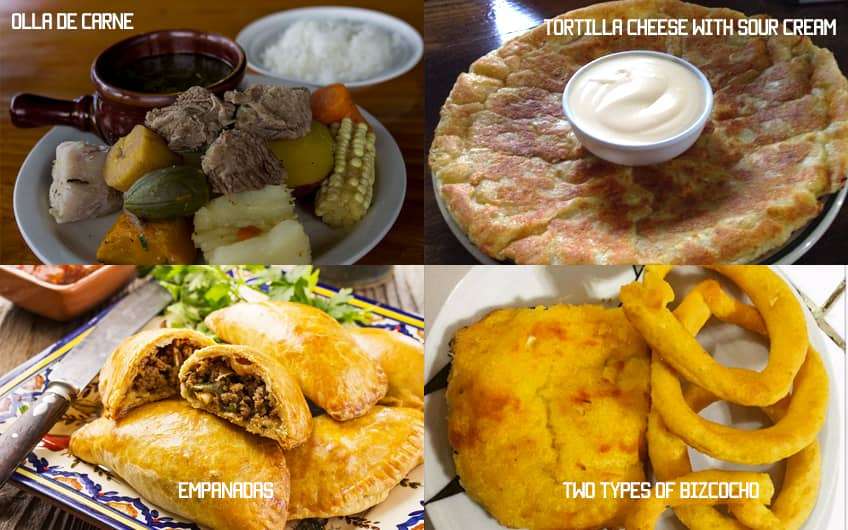 Typisches Essen Costa Rica Rindfleischauflauf, Tortillas, Empanadas und Kekse