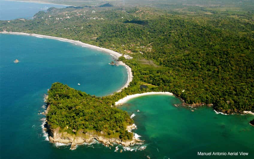 Aerial view of Manuel Antonio National Park, also the beaches next to the park and all the green forest surrounding