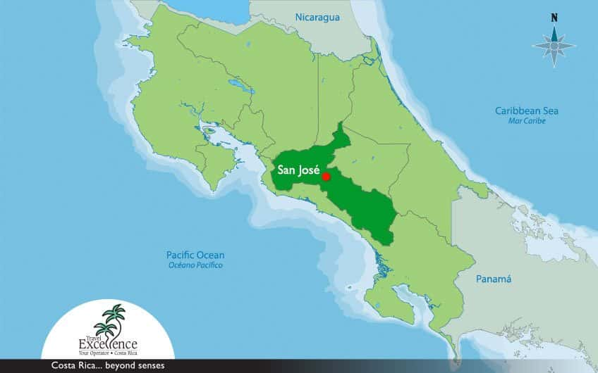 Map of San Jose Costa Rica and surrounding area, with the heart of the city highlighted. 