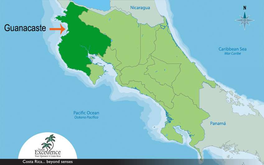 Como referencia para los viajeros y para facilitarles su viaje, aquí la flecha muestra dónde se encuentra Guanacaste Costa Rica.