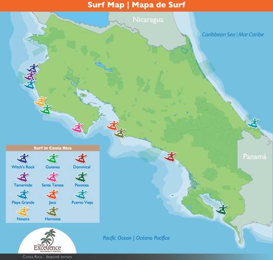 Mapa de los mejores lugares para surfear en Costa Rica