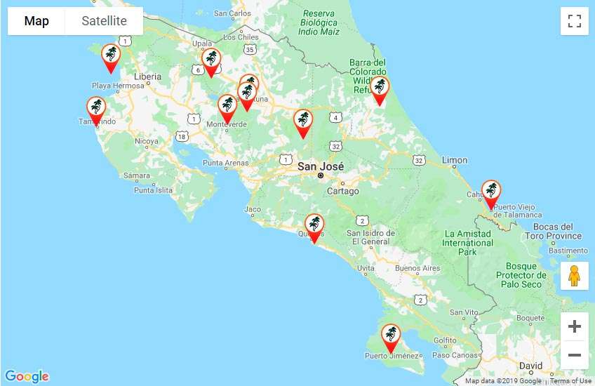 Costa Rica attractions map: The best places to enjoy when vacationing in the country.